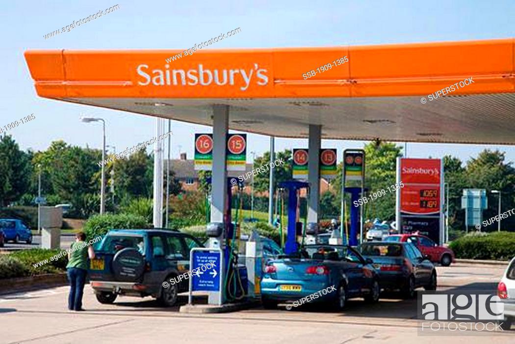 Stock Photo: Sainsburys Petrol Station forecourt in Meole Brace Retail Park Shrewsbury Shropshire England UK United Kingdom GB Great Britain British Isles Europe EU.
