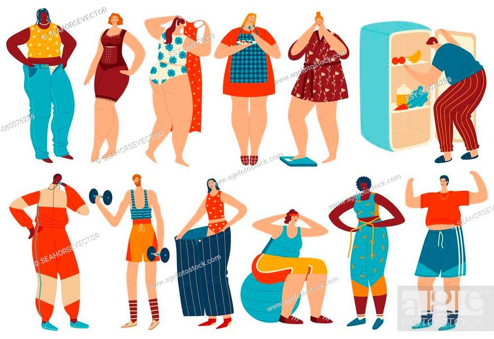 Weight loss vector illustration. Cartoon overweight obese woman man  character losing fat after diet..., Stock Vector, Vector And Low Budget  Royalty Free Image. Pic. ESY-060076259 | agefotostock