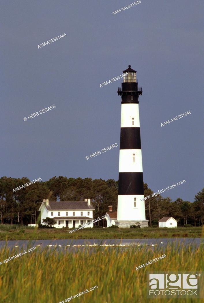 Stock Photo: Lighthouse on Bodie Island Cape Hatteras National Seashore Recreation Area, NC, North Carolina.