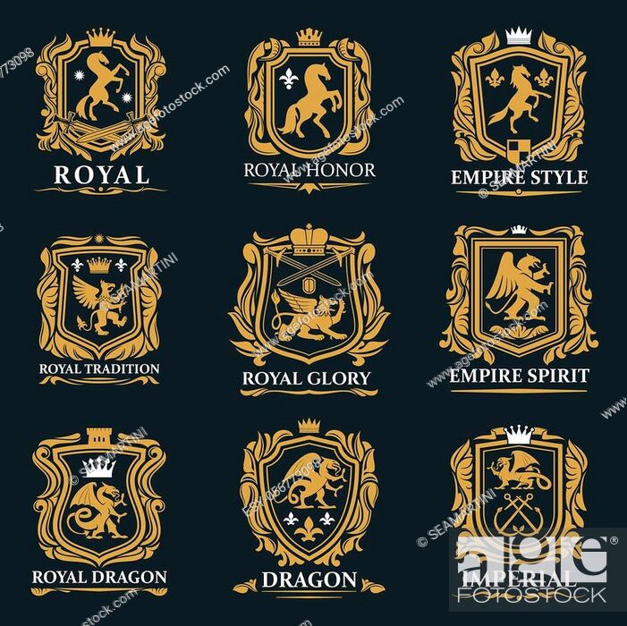Heraldic animals, royal heraldry shields with Pegasus horse, Griffin lion  and Medieval crowns, Stock Vector, Vector And Low Budget Royalty Free  Image. Pic. ESY-056773098 | agefotostock