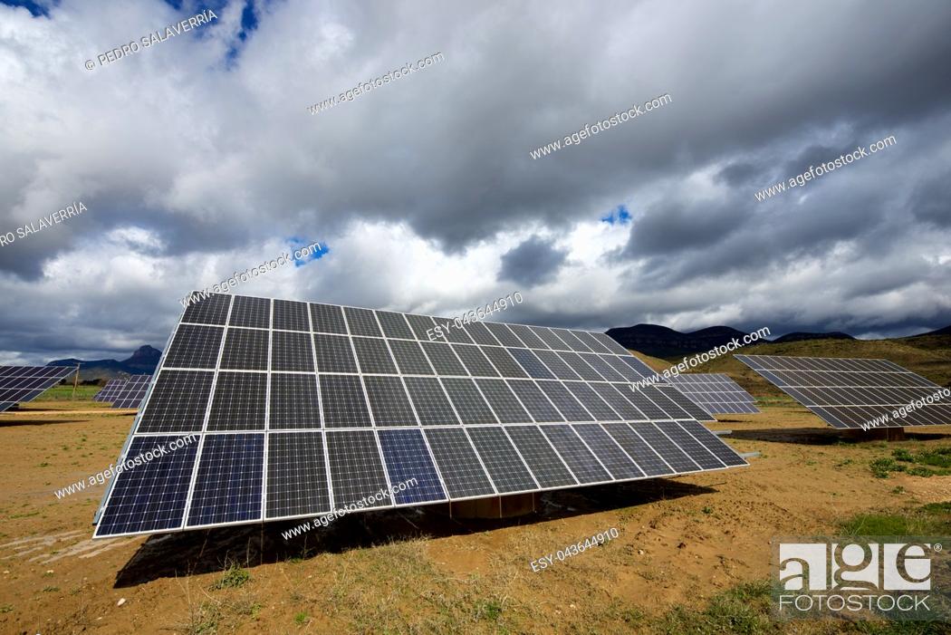 Stock Photo: Photovoltaic panels for renewable electric production, Huesca province, Aragon, Spain.