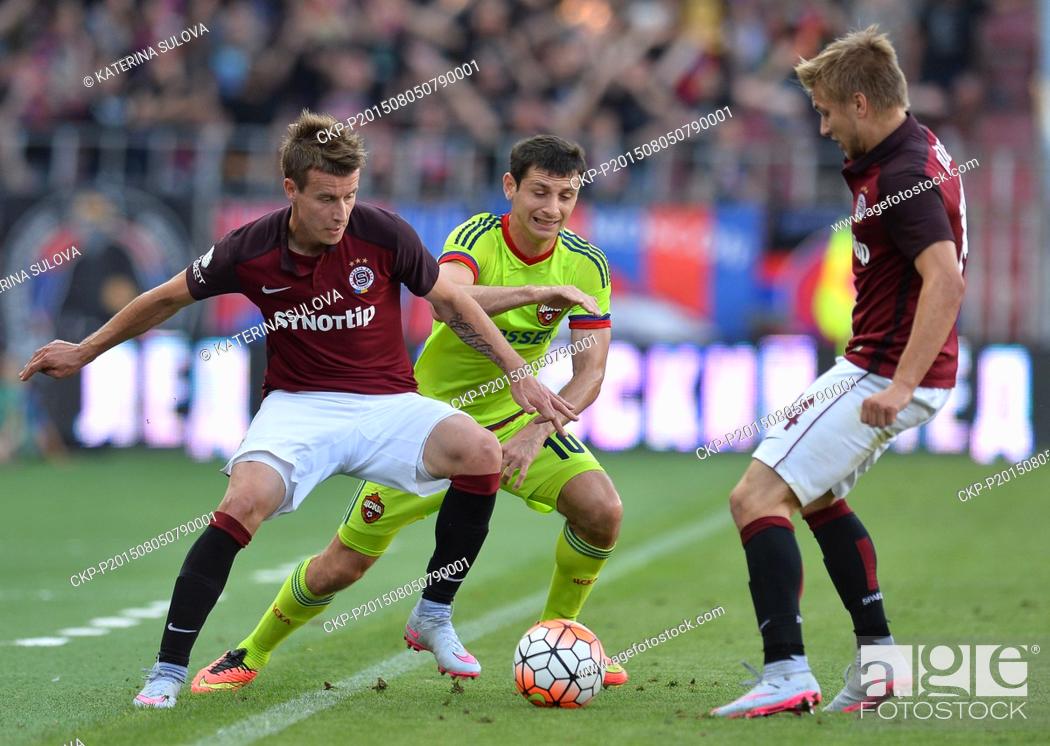 Stock Photo: Lukas Marecek, of Sparta, left to right, Alan Dzagoev of CSKA Moscow and Martin Frydek of Sparta in action during the third qualifying round of the Champions.