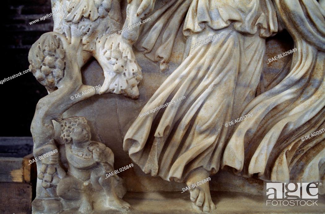 Stock Photo: Marble sarcophagus with bas-relief depicting a Dionysian scene, detail. Roman civilisation, 3rd century AD.  Rome, Museo Nazionale Romano (National Roman Museum.