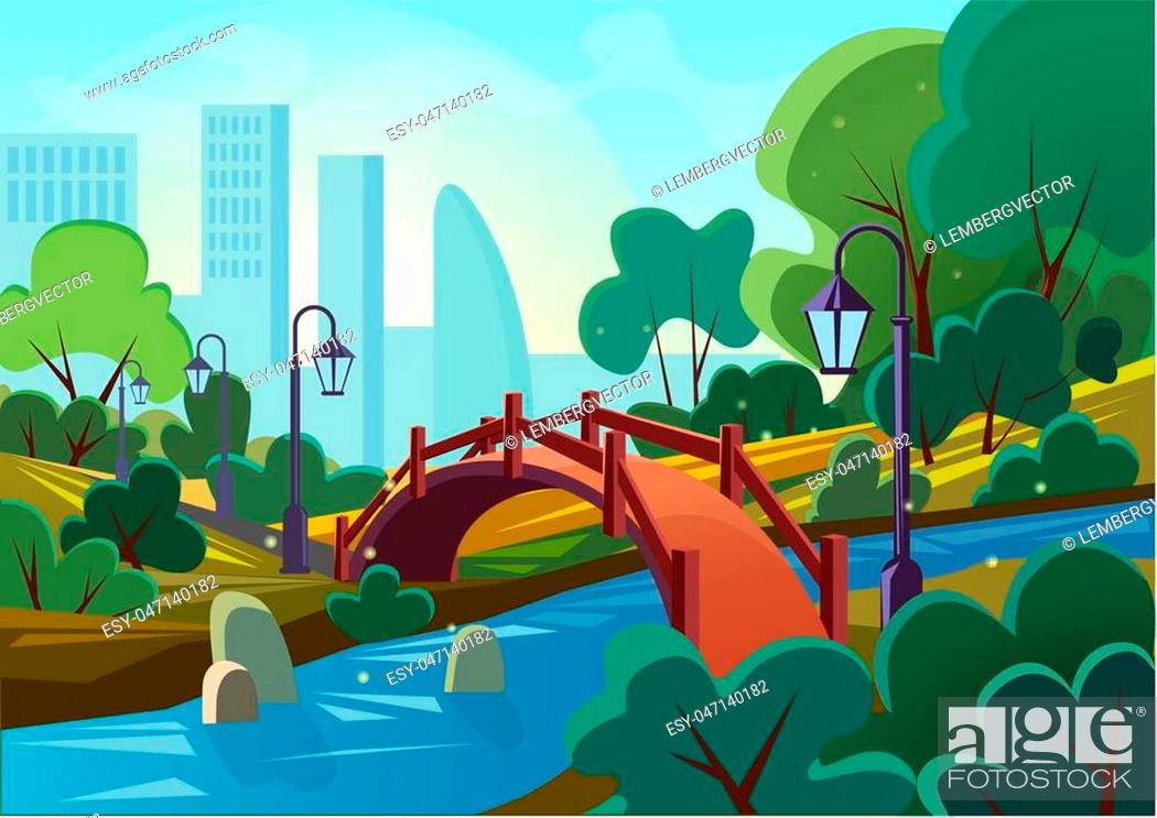 Vector cartoon illustration of a beautiful summer public city park with  bridge and river in the..., Stock Vector, Vector And Low Budget Royalty  Free Image. Pic. ESY-047140182 | agefotostock