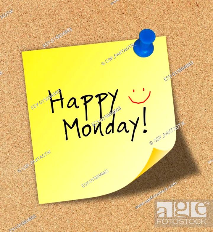 Stock Photo: Happy monday on paper pinned to a cork notice board.