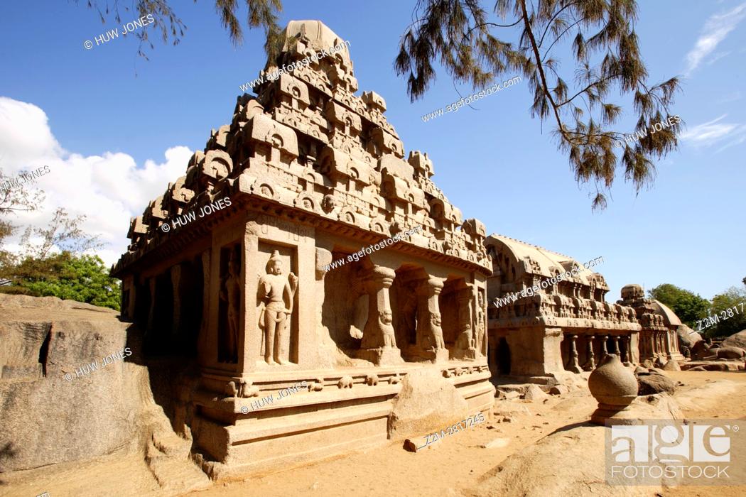 Stock Photo: The Five Rathas Group, Mahabalipuram, UNESCO World Heritage Site, Near Chennai, Tamil Nadu state, India, Asia.