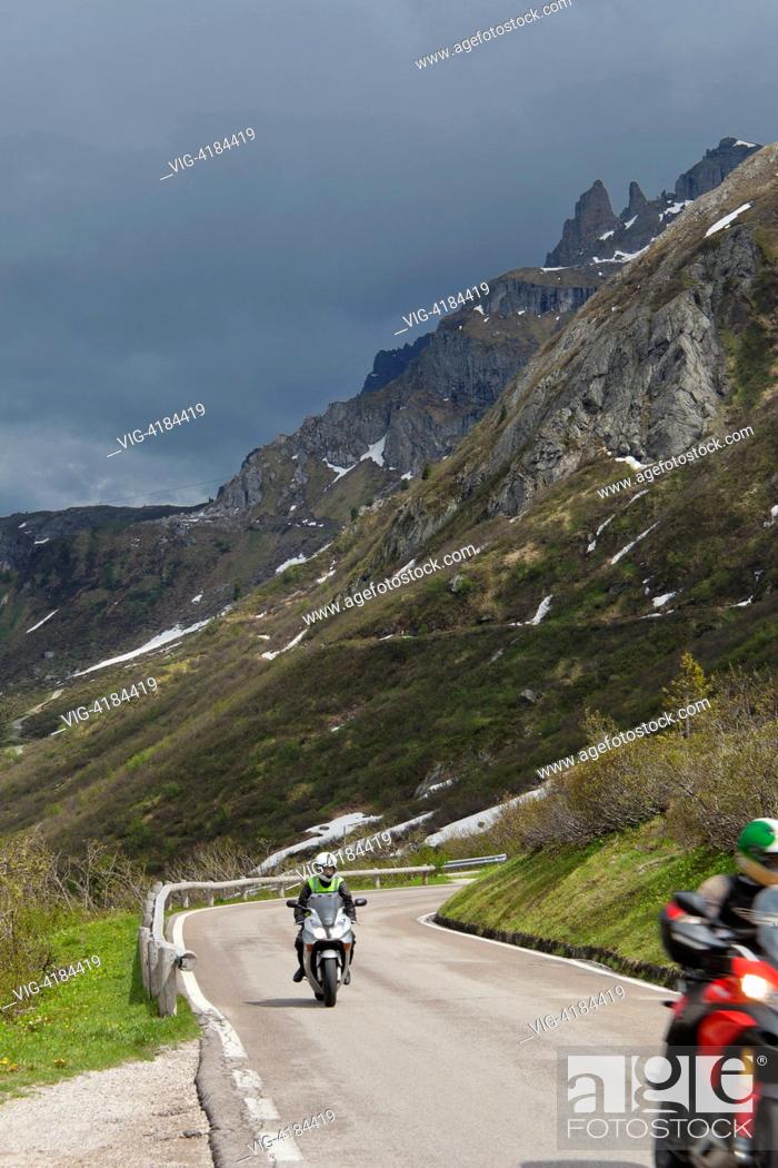Stock Photo: Motorcycle tour in the Dolomites - Passo Pordoi, Trentino, Italy, 03/06/2011.