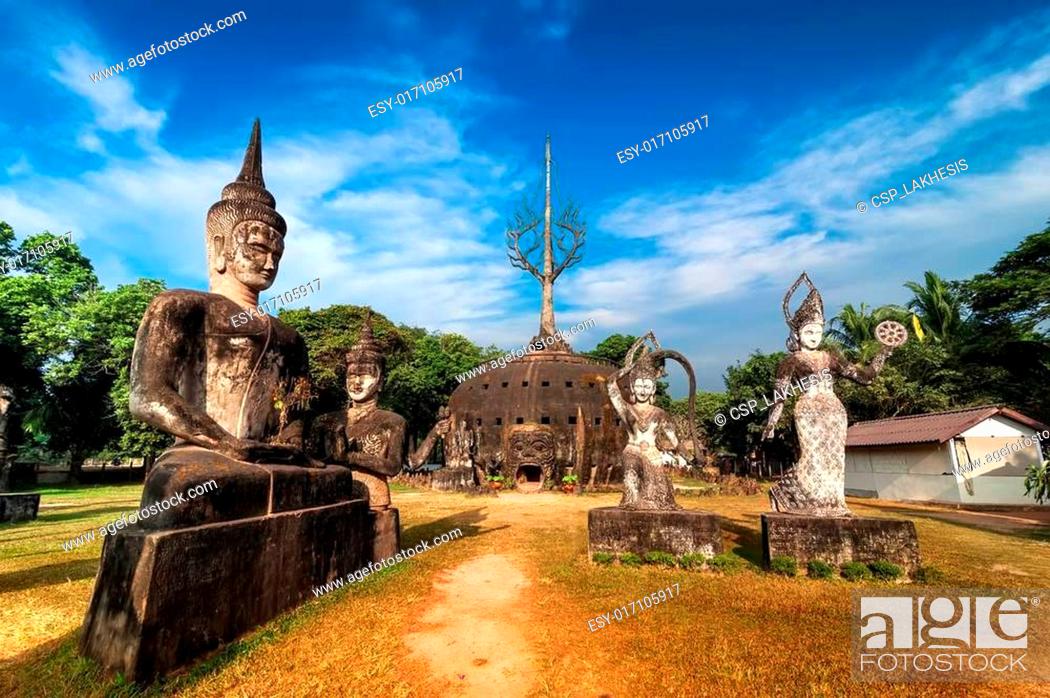 Stock Photo: Mythology and religious statues at Wat Xieng Khuan Buddha park.