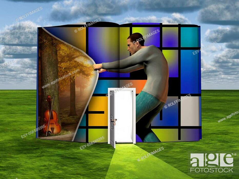 Stock Photo: Surrealism. Book with opened door and man opens curtain to another dimension. Mondrian style.