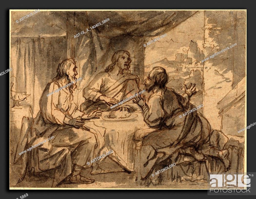Stock Photo: Attributed to Abraham van Diepenbeeck (Flemish, 1596 - 1675), Supper at Emmaus, pen and brown ink with gray wash on laid paper.
