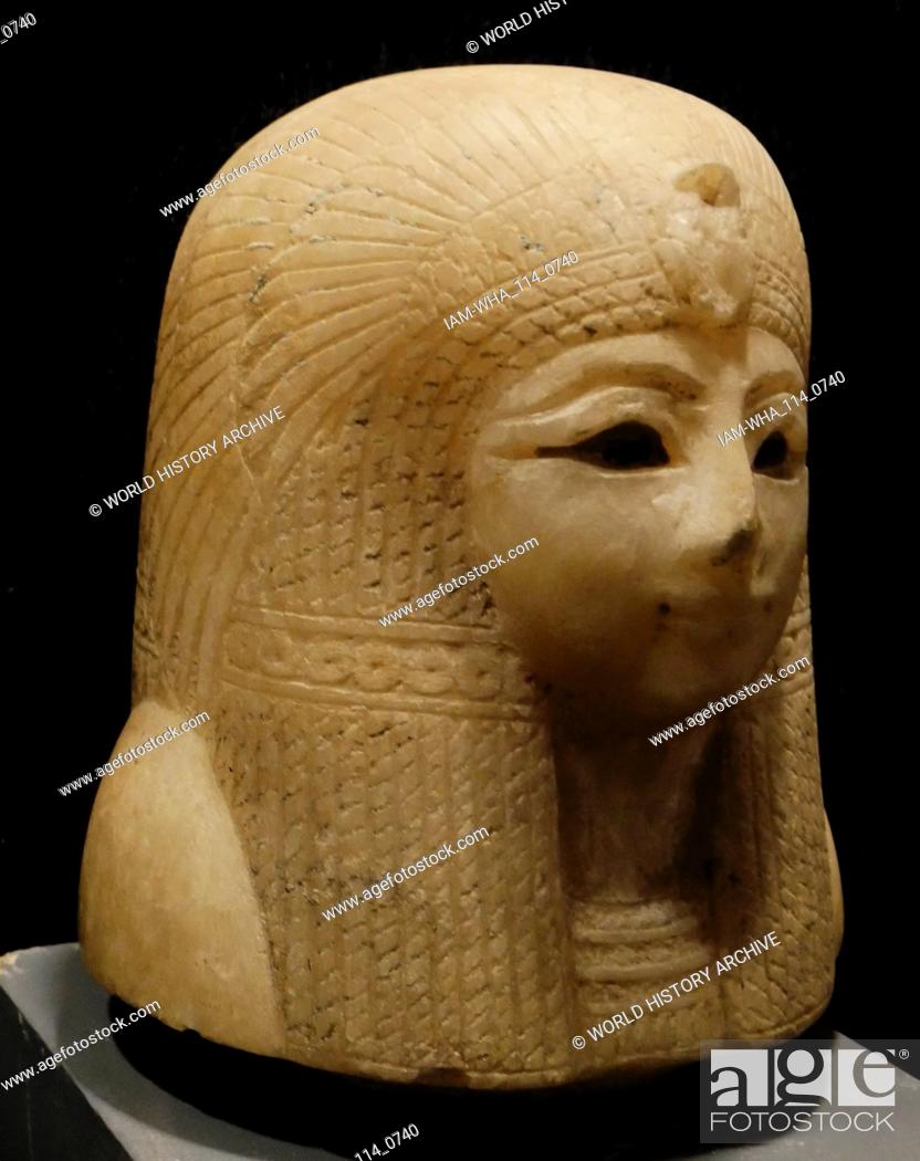 Stock Photo: canopic jar (lid) depicting Queen Tuyi mother of Seti I. calcite, 1300-1250 BC, Valley of the Queens; Luxor; Egypt.