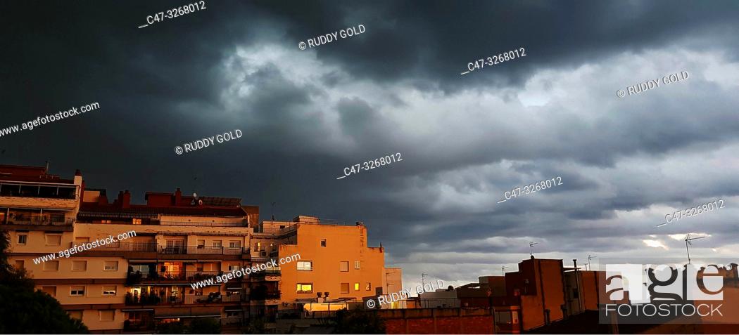 Stock Photo: Stormy sky at sunset in El Masnou, Maresme area, Barcelona, Spain.