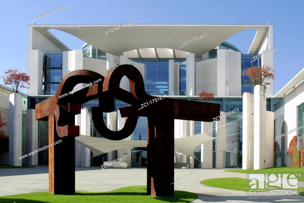 Stock Photo: German Federal Chancellery in Berlin with the steel sculpture 'Berlin' of the Basque sculptor Eduardo Chillida in the foreground - Caution: For the editorial.