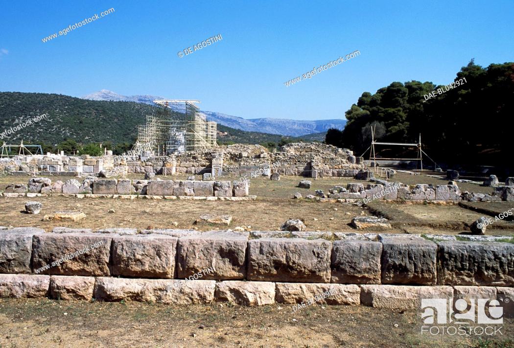Stock Photo: Ruins of the sanctuary of Asclepius, Epidaurus (UNESCO World Heritage List, 1988), Peloponnese, Greece. Hellenistic civilisation, 4th century BC.