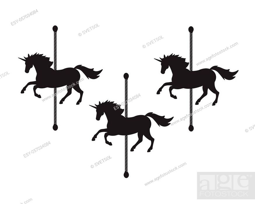 Stock Vector: Vector flat black unicorn horse carousel silhouette isolated on white background.