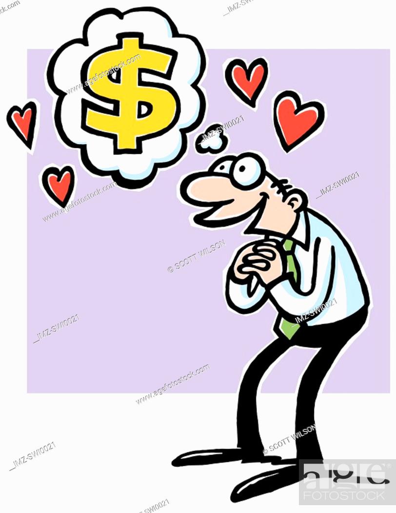 A cartoon drawing of a man with a cloud above his head with a dollar symbol  in it and hearts, Stock Photo, Picture And Royalty Free Image. Pic.  IMZ-SWI0021 | agefotostock
