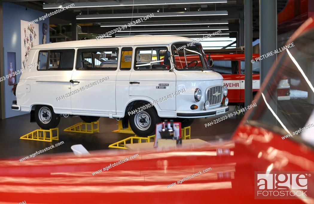 Stock Photo: 04 February 2022, Saxony, Frankenberg: The last Barkas 1000/1 with a four-stroke engine to come off the assembly line is on display in the ""Zeitwerkstadt"".