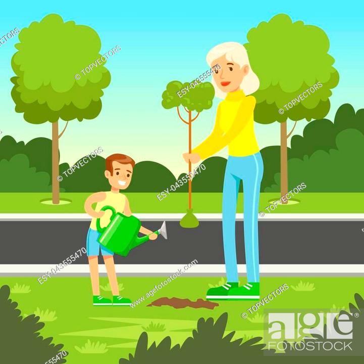 Stock Vector: Mother and son characters planting a tree. Ecological lifestyle concept. Eco movement, people actions. Green nature environment background.