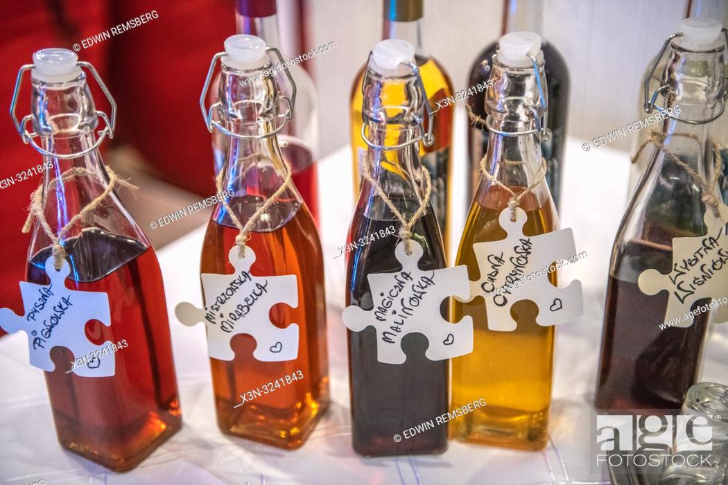 Stock Photo: A variety of bottles full of infused spirits, Bialystok, Poland wedding feast.