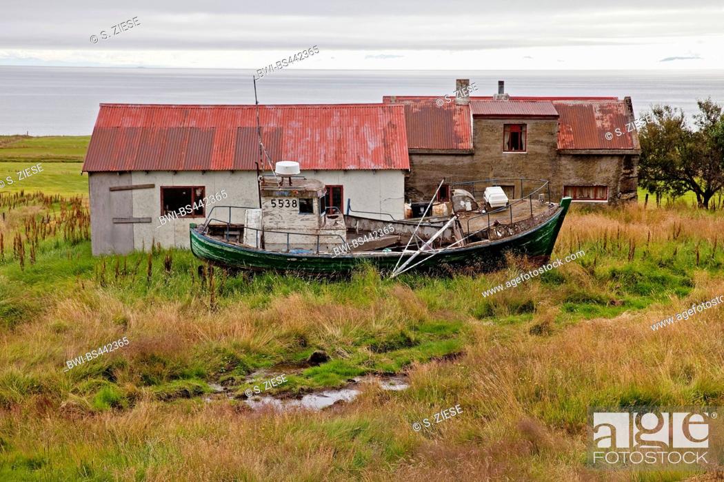 Stock Photo: abandoned farm with boat, Iceland, Westfjorde.