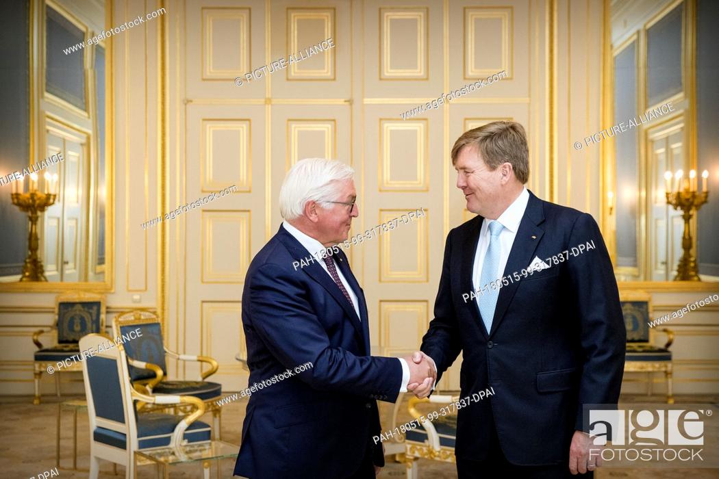 Stock Photo: King Willem-Alexander of The Netherlands welcomes German President Frank-Walter Steinmeier and his wife Elke Budenbender at Palace Noordeinde in The Hague.