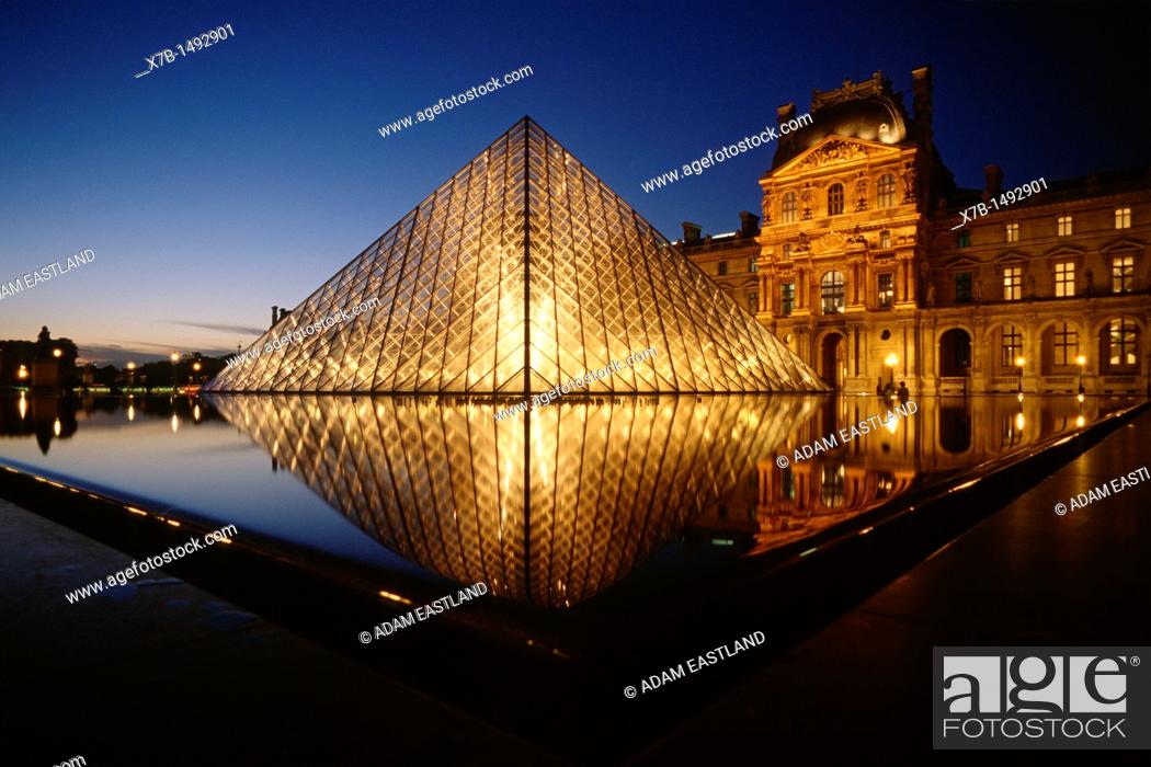 Stock Photo: Paris  France  The Louvre & I M Pei's glass pyramid, Cour Napoleon.