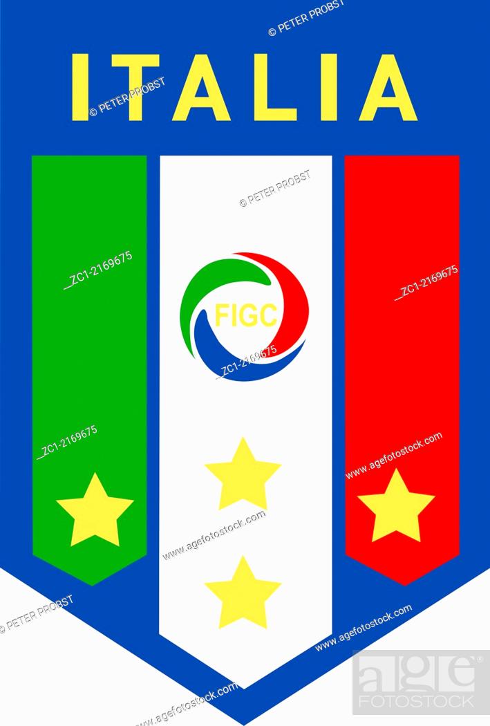 Stock Photo: Logo of the Italian Football Association Federazione Italiana Giuoco Calcio FIGC and the National team - Caution: For the editorial use only.