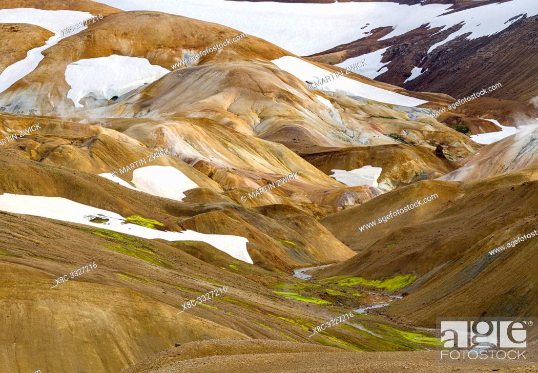 Stock Photo: Landscape in the geothermal area Hveradalir in the mountains Kerlingarfjoell in the highlands of Iceland. Europe, Northern Europe, Iceland, August.