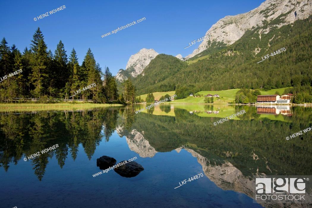 Stock Photo: View over Hintersee to Reiteralpe, near Ramsau, Berchtesgaden region, Berchtesgaden National Park, Upper Bavaria, Germany.
