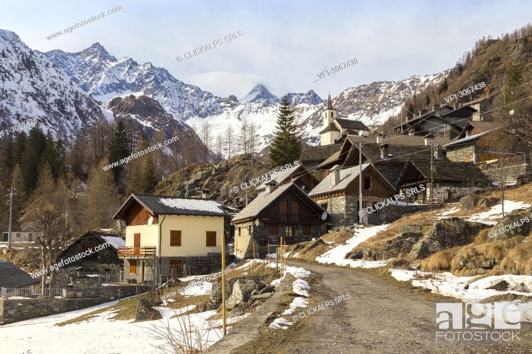 Stock Photo: View of Cheggio and Pizzo d'Andolla from Cheggio town. Alpe Cheggio, Antrona Valley, Piedmont, Italy.
