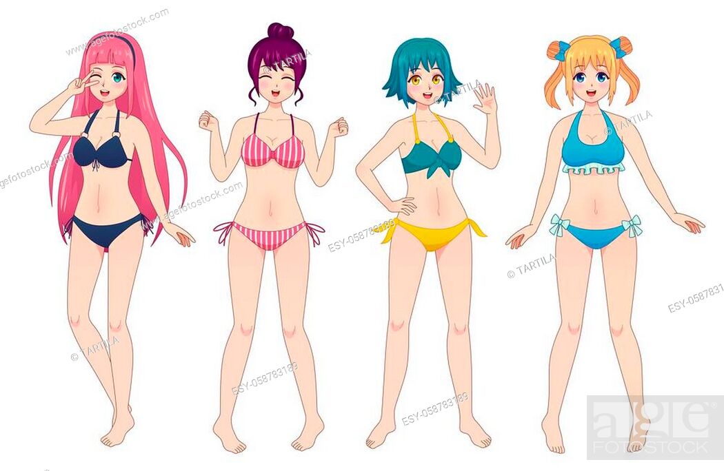 Anime manga girls in bikini. Group of kawaii female japanese comic  characters in swimsuits, Stock Vector, Vector And Low Budget Royalty Free  Image. Pic. ESY-058783189 | agefotostock