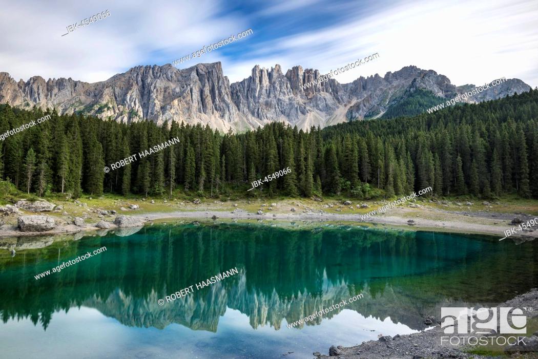 Stock Photo: Karersee, Lago di Carezza, Latemar, Dolomites, South Tyrol, Italy.