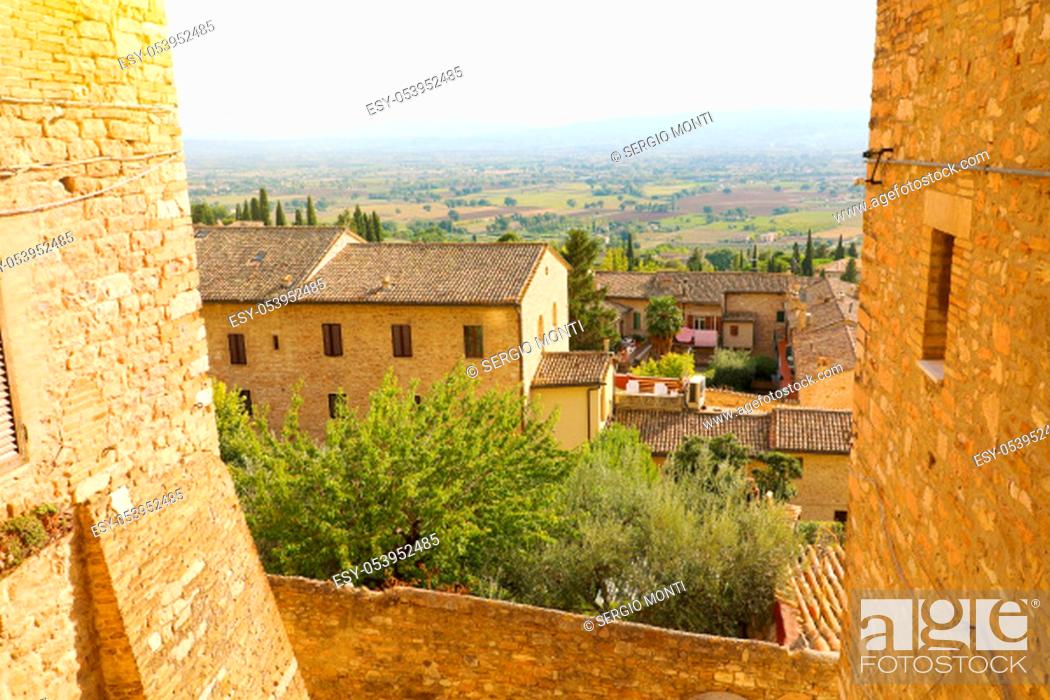 Stock Photo: Beautiful glimpse view from old Italian city in Assisi, Umbria, Italy.
