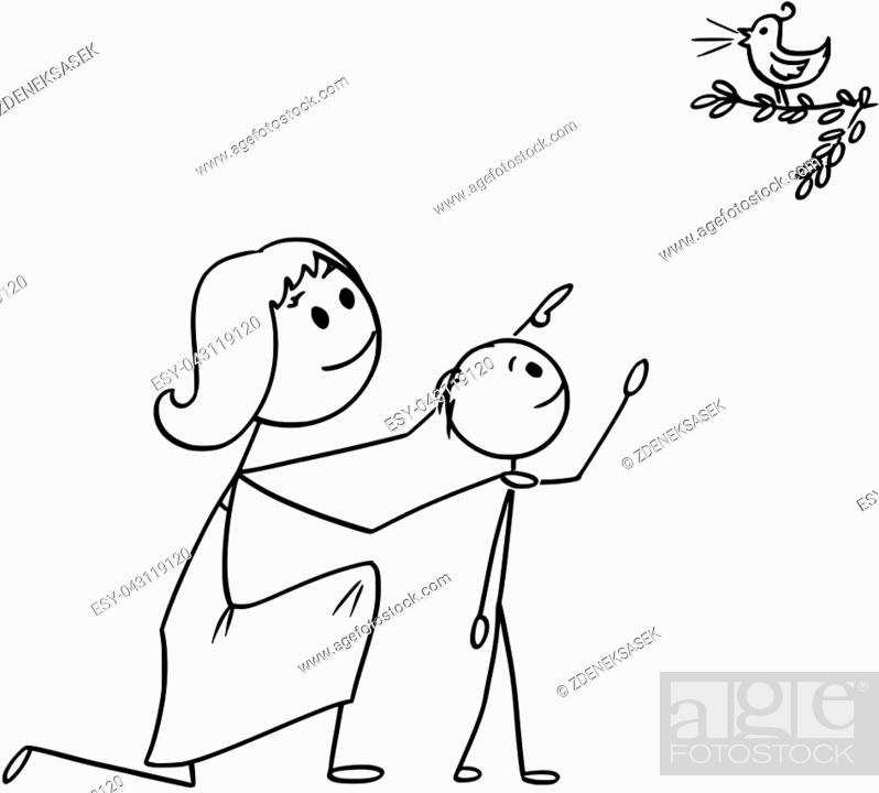 Cartoon stick man drawing conceptual illustration of Mother and son  watching together a wild bird in..., Stock Vector, Vector And Low Budget  Royalty Free Image. Pic. ESY-043119120 | agefotostock