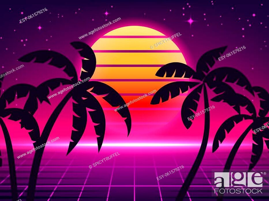Retro 80s background. Neon sun wave. Sunset and music space, Stock Vector,  Vector And Low Budget Royalty Free Image. Pic. ESY-061579216 | agefotostock