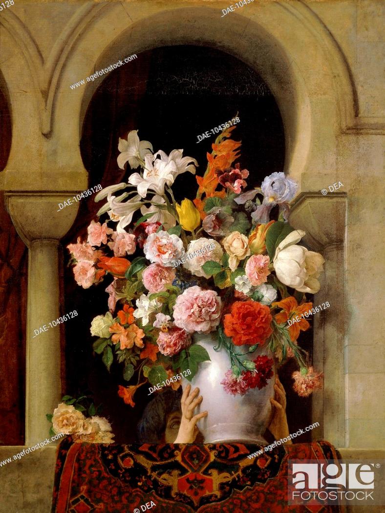 Stock Photo: A vase of flowers by the window of the Harem, 1881, by Francesco Hayez (1791-1882), oil on canvas, 125x94 cm, 5.  Milan, Pinacoteca Di Brera (Art Gallery.