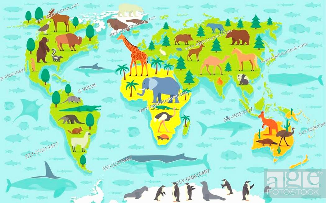 Funny cartoon world map with traditional animals of all the continents and  oceans, Stock Vector, Vector And Low Budget Royalty Free Image. Pic.  ESY-050619497 | agefotostock