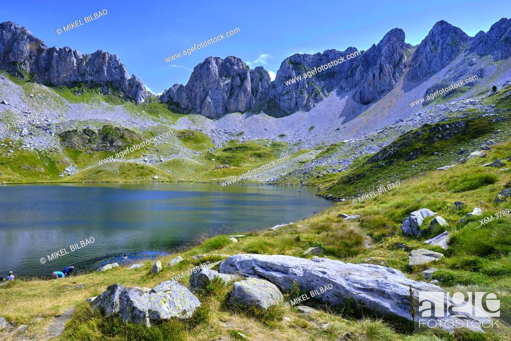 Stock Photo: Ibon de Acherito mountain glaciar lake. Ibon de Acherito route. Valles Occidentales Natural Park. Huesca, Aragon, Spain, Europe.