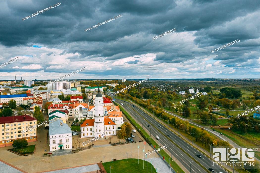 Stock Photo: Mahiliou, Belarus. Mogilev Cityscape With Famous Landmark - 17th-century Town Hall. Aerial View Of Skyline In Autumn Day. Bird's-eye View.