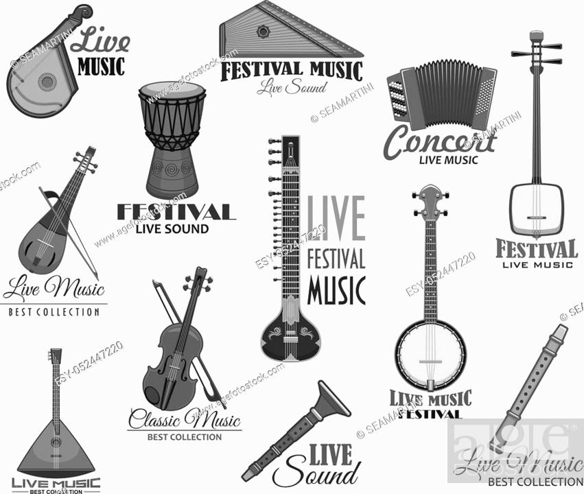Live music concert or vector template icons. Musical instrument gusli harp and flute pipe, Foto de Stock, Vector Low Budget Royalty Free. Pic. ESY-052447220 | agefotostock