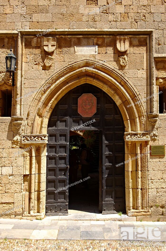 Stock Photo: Entrance to the French speaking lodge of Knights, today the French consulate, Rhodes, Greece, UNESCO World Heritage Site.