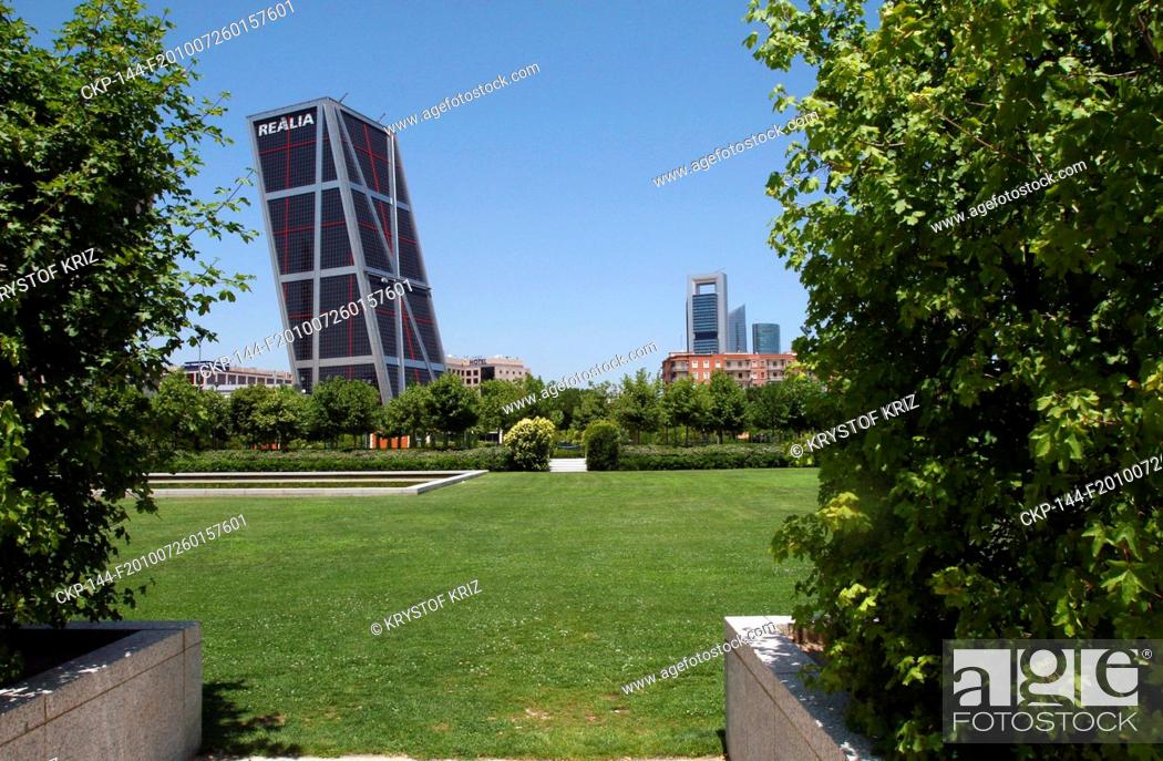 Stock Photo: The Puerta de Europa towers Gate of Europe or just Torres KIO are twin office buildings in Madrid, Spain The towers have height of 114 m and have 26 floors They.