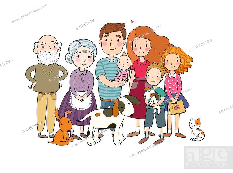 A happy family. Parents with children. Cute cartoon dad, mom, daughter, son  and baby, Stock Vector, Vector And Low Budget Royalty Free Image. Pic.  ESY-058877432 | agefotostock