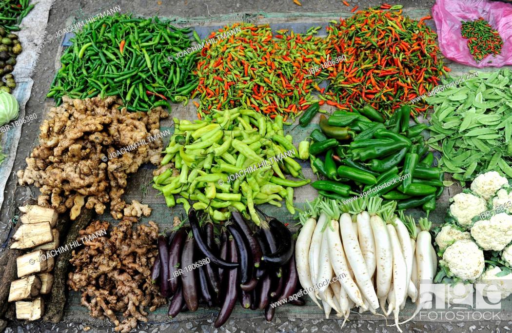 Stock Photo: Vegetables on display in the food market, Luang Prabang, Laos, Southeast Asia.