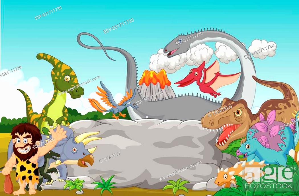 Stock Vector: Vector illustration of Collection dinosaur with caveman waving.