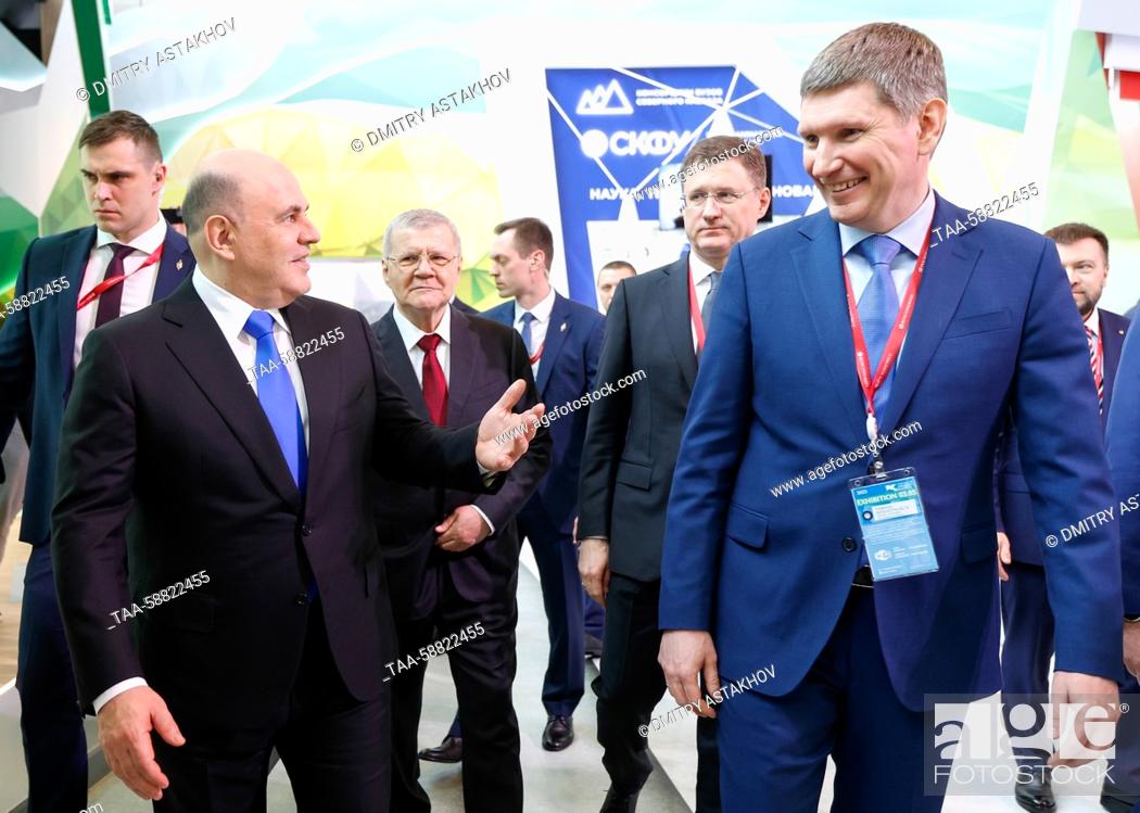 Stock Photo: RUSSIA, MINERALNYE VODY - MAY 3, 2023: Russia's Prime Minister Mikhail Mishustin, Presidential Envoy to Russia's North Caucasian Federal District Yuri Chaika.
