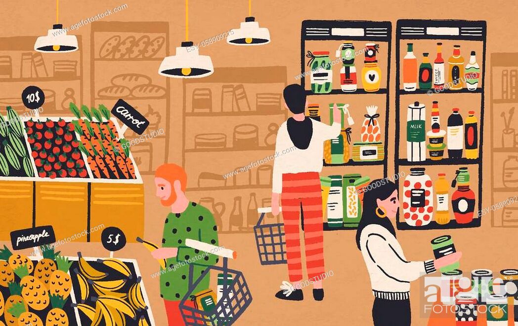 Cartoon people choosing and buying fresh products at grocery store vector  flat illustration, Stock Vector, Vector And Low Budget Royalty Free Image.  Pic. ESY-058909215 | agefotostock