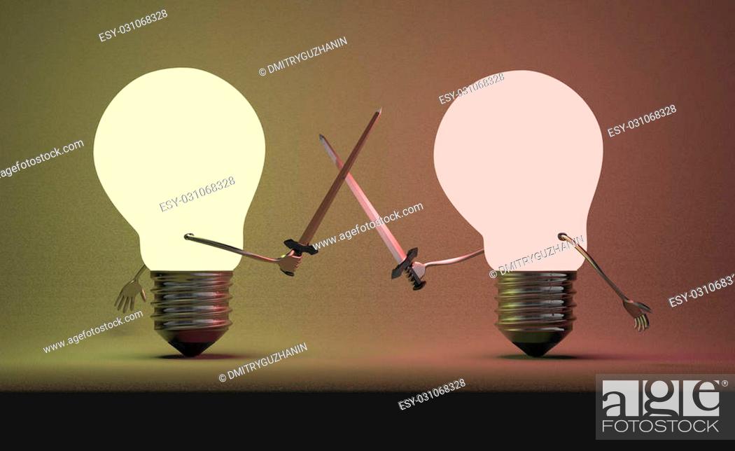 Stock Photo: Reddish glowing light bulb and yellowish one fighting duel with swords on background which is illuminated by them.