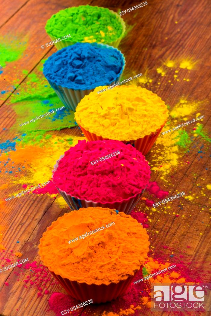 Stock Photo: Holi color powder. Organic Gulal colours in bowl for Holi festival, Hindu tradition festive.