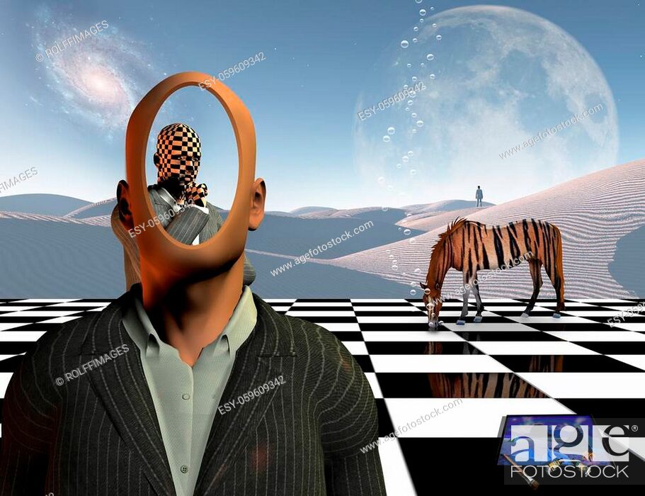 Stock Photo: Surrealism. Faceless businessman with another thinking businessman behind him stands on chessboard. Lonely man in a distance. White sand dune.